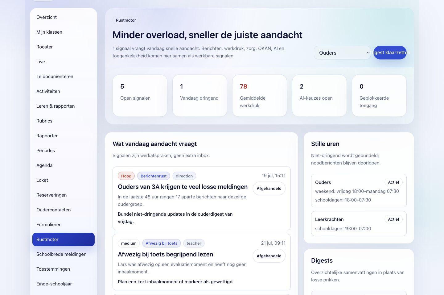 The real Learovia calm-work dashboard with actionable signals, quiet hours and parent digests